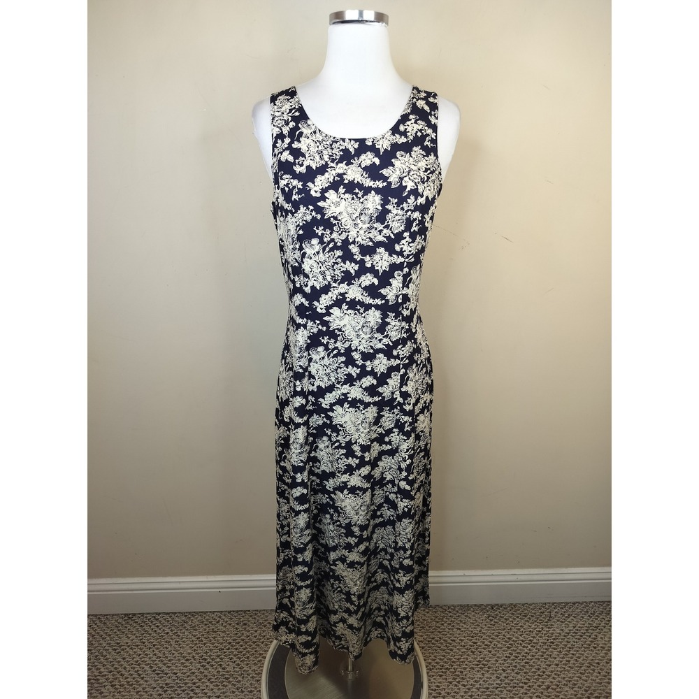 Old Navy 90s Floral Maxi Dress 6 Sleeveless Tie Back Cottage Navy Vintage